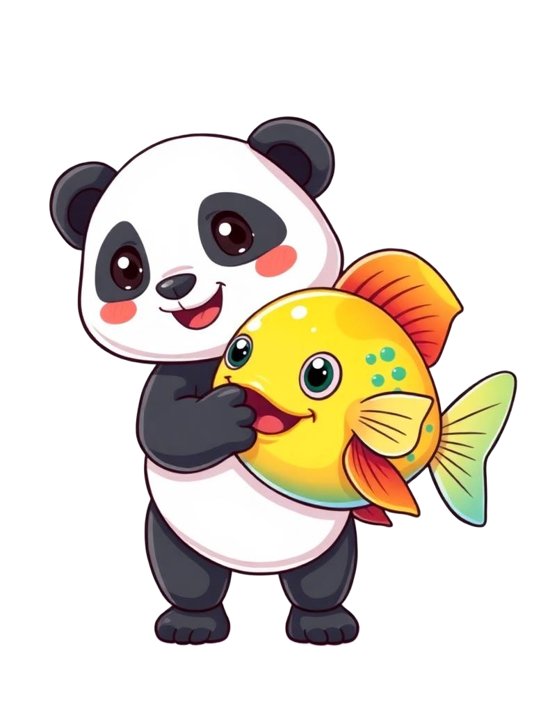 Panda mascot holding a fish game character